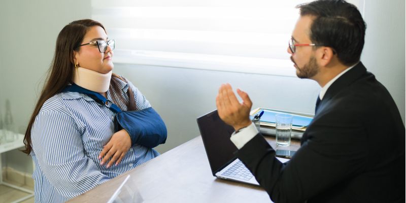 Injured woman discussing her case with a lawyer in an office.