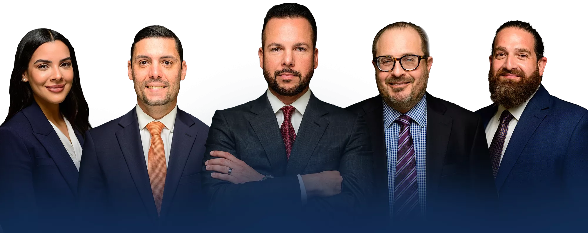 Team of five diverse professionals in business attire, standing confidently against a blue background.