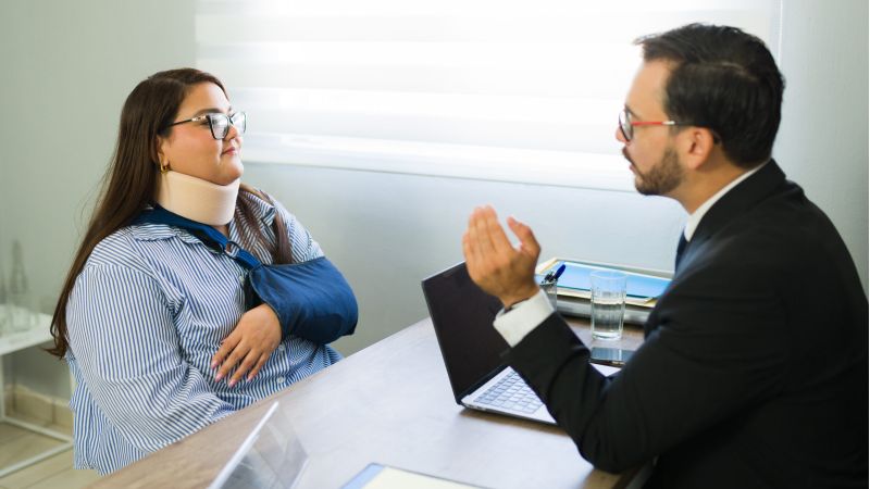 Injured woman discussing her case with a lawyer in an office.