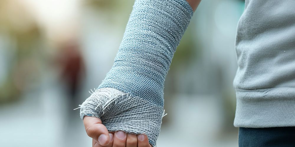 Close-up of a person's arm in a blue cast, outdoors, highlighting injury recovery with support for wrist and hand.