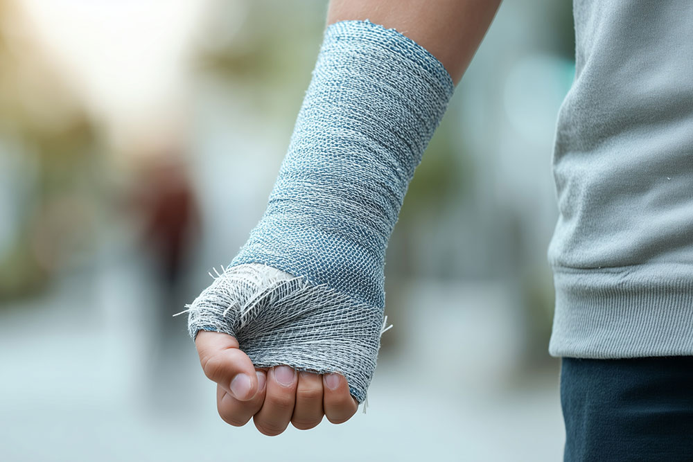 Close-up of a person's arm in a blue cast, outdoors, highlighting injury recovery with support for wrist and hand.